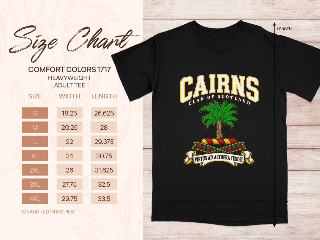 Comfort Colors 1717 size chart in inches with a black Cairns clan crest T-shirt preview