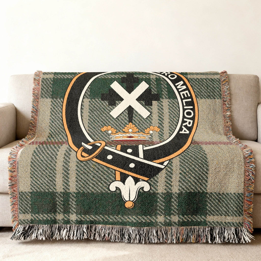 Moffat clan crest tartan woven throw — 52" x 37", colourful Spero Meliora design