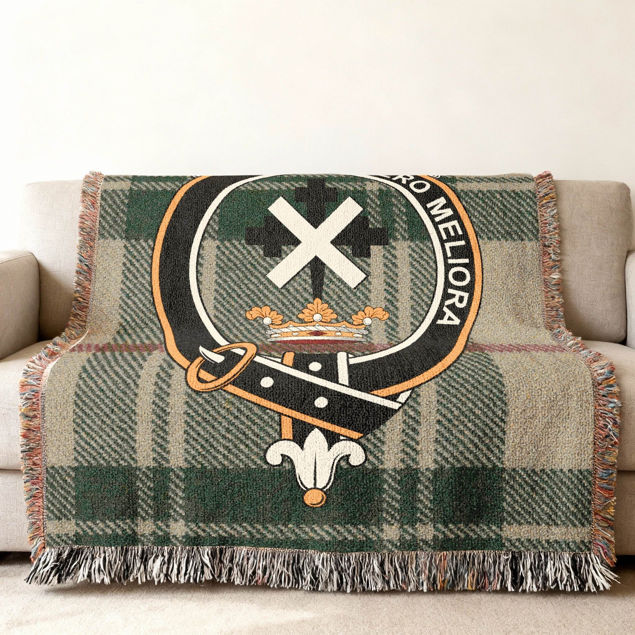 Moffat clan crest tartan woven throw — 52" x 37", colourful Spero Meliora design