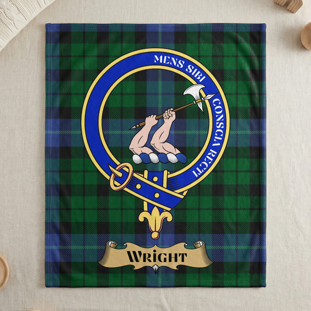 Wright crest with Mens Conscia Recti motto on tartan throw — draped display