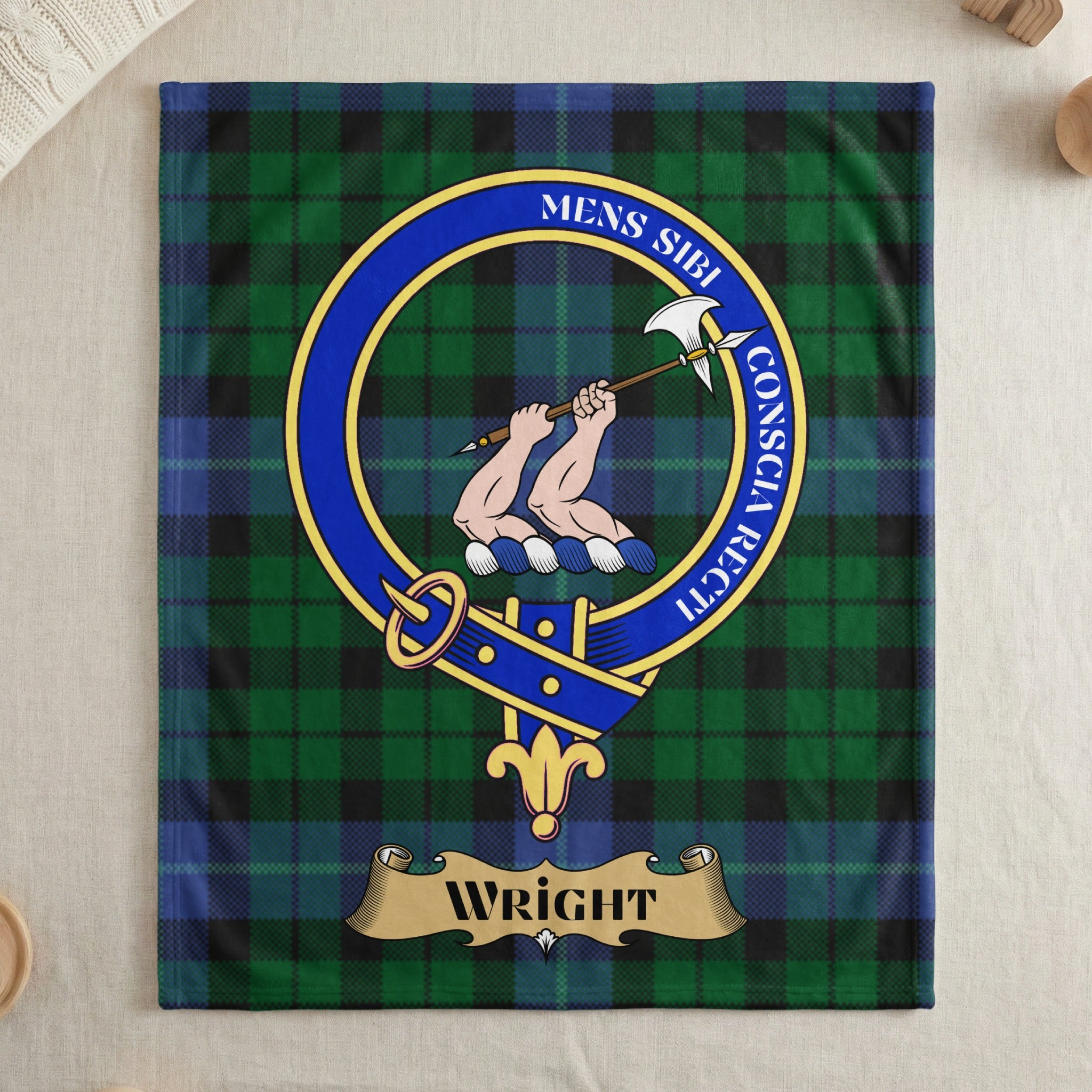 Wright crest with Mens Conscia Recti motto on tartan throw — draped display