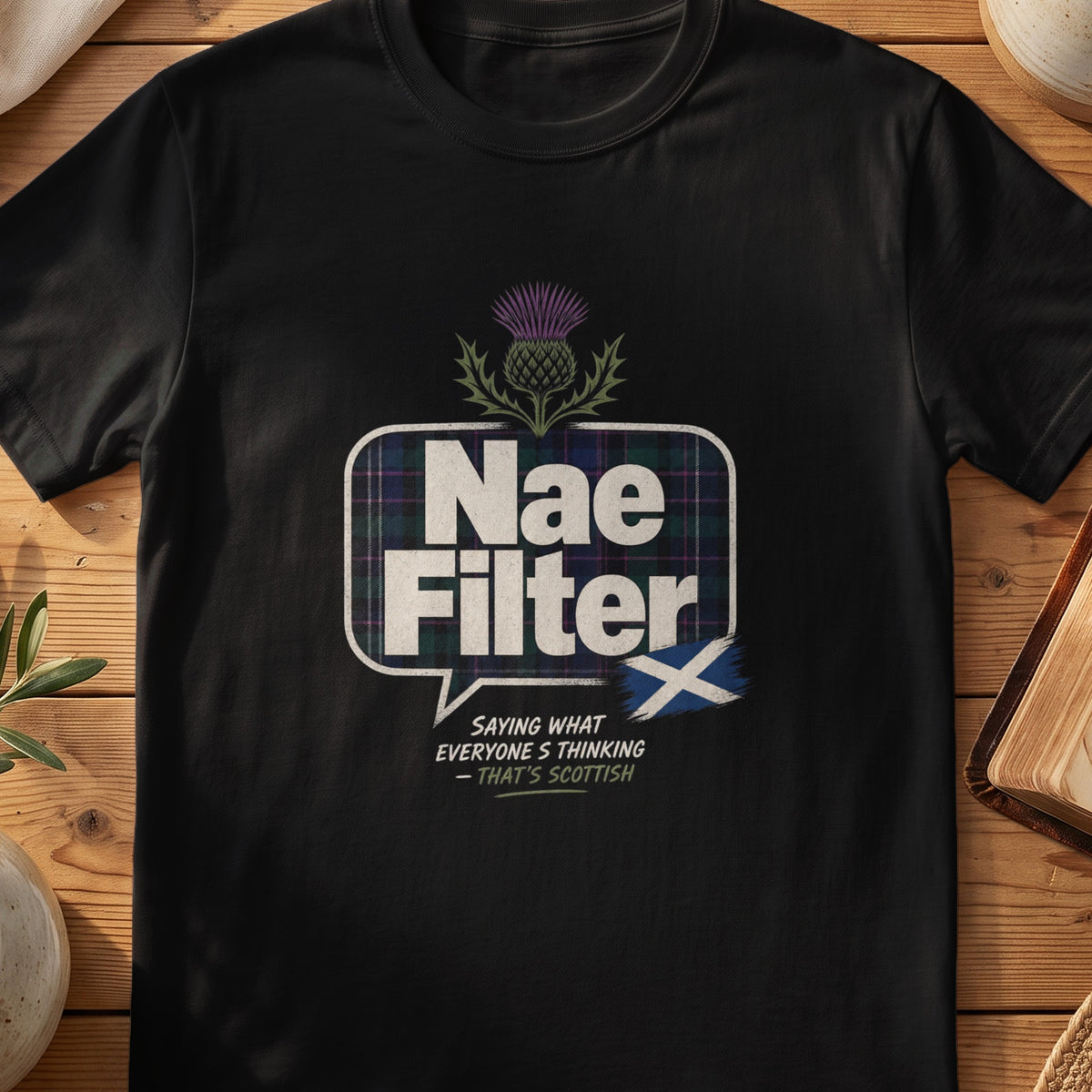 Black Gildan 64000 unisex T-shirt flatlay with Nae Filter Scottish graphic design