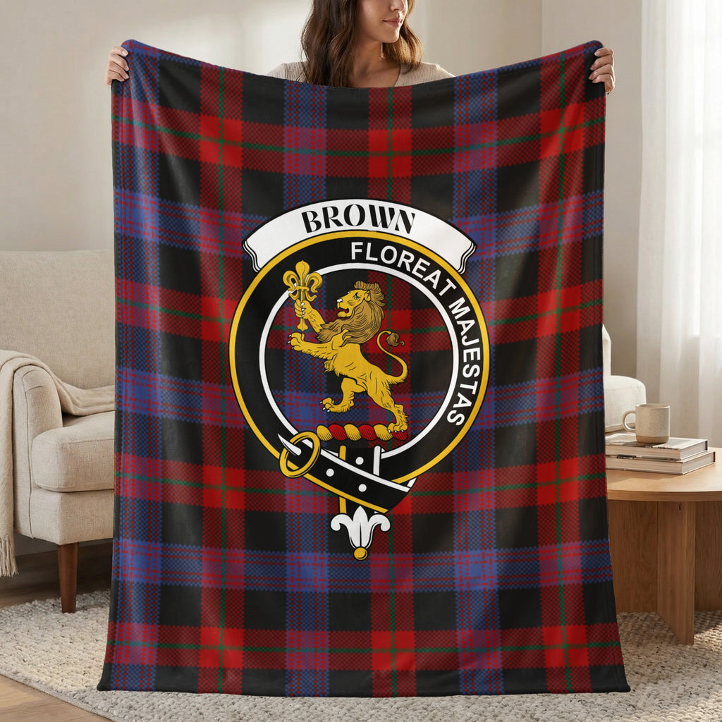 Brown clan crest tartan throw blanket with lion crest — 50x60 polyester