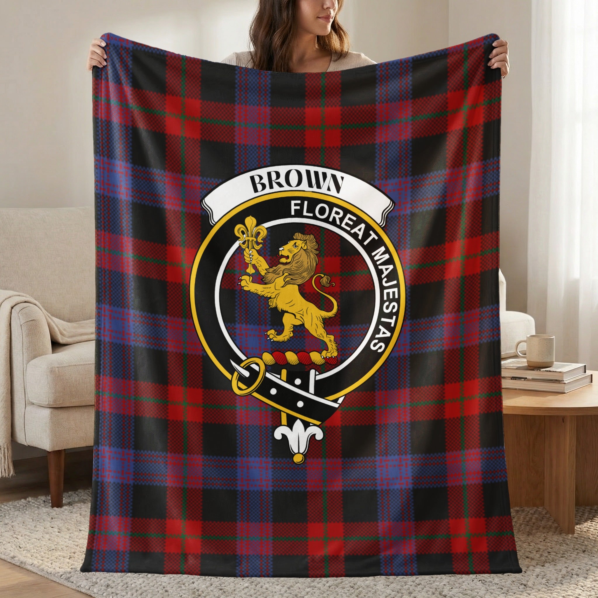 Brown clan crest tartan throw blanket with lion crest — 50x60 polyester
