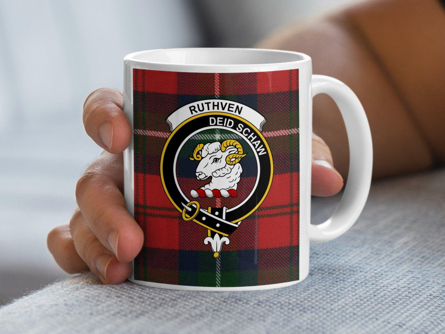 Ruthven Clan Crest Scottish Tartan Pattern Coffee Mug - Living Stone Gifts