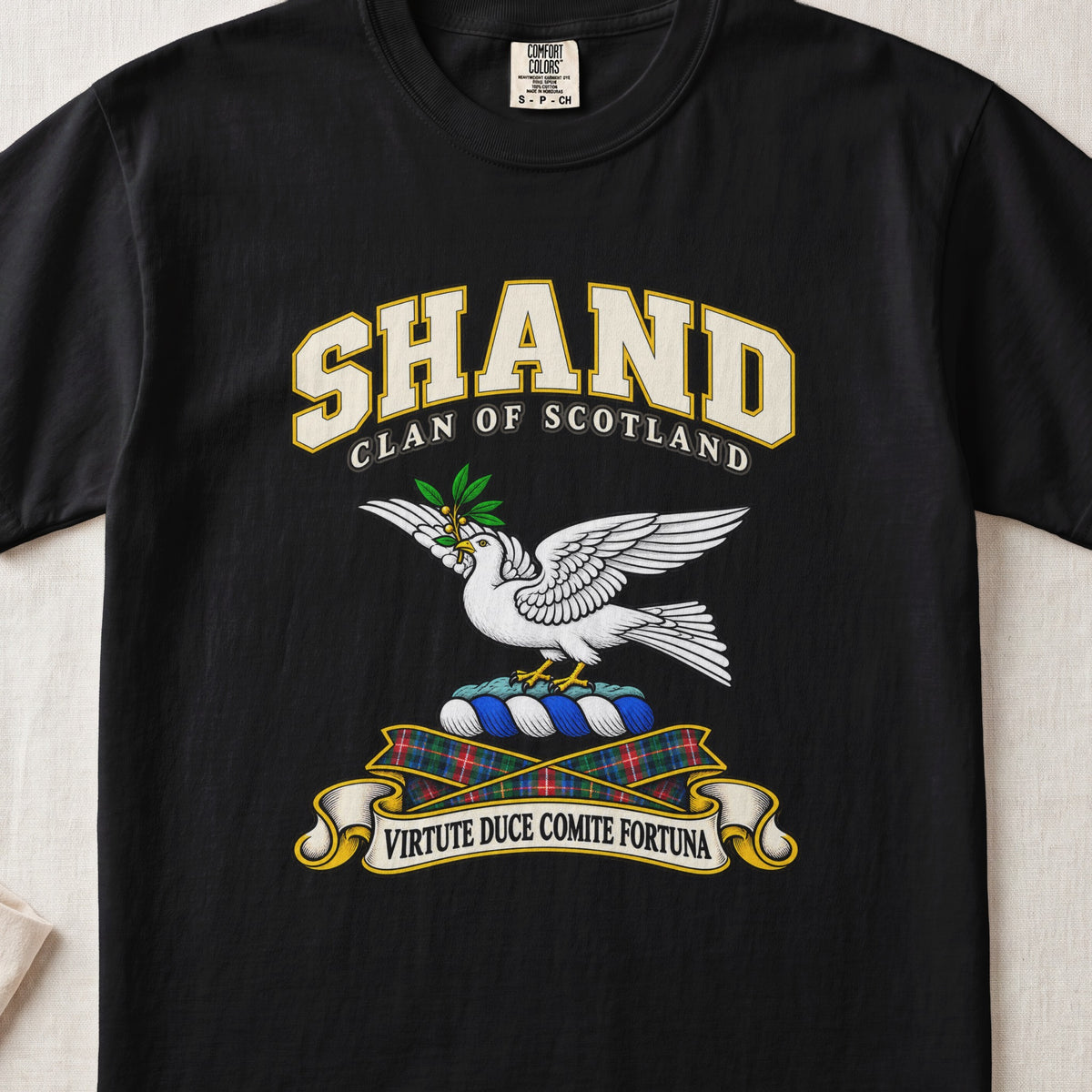 Shand Scottish clan T-shirt in Black, front view with a white dove in flight carrying a green branch and motto design.