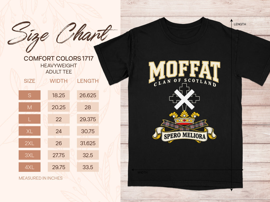 Moffat Comfort Colors 1717 T-shirt size chart with black shirt illustration