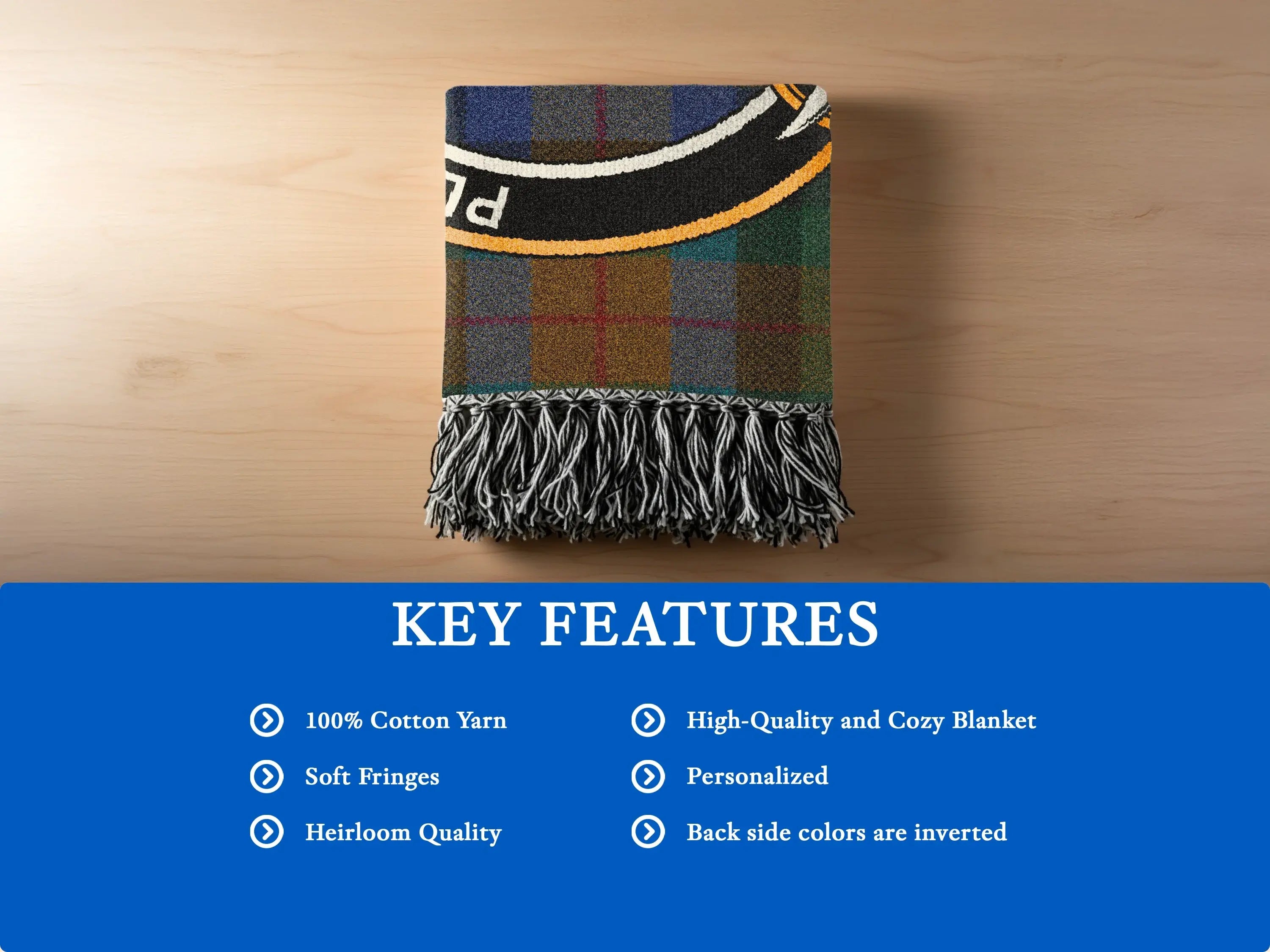 Tennant clan crest woven blanket — heirloom quality with soft fringes