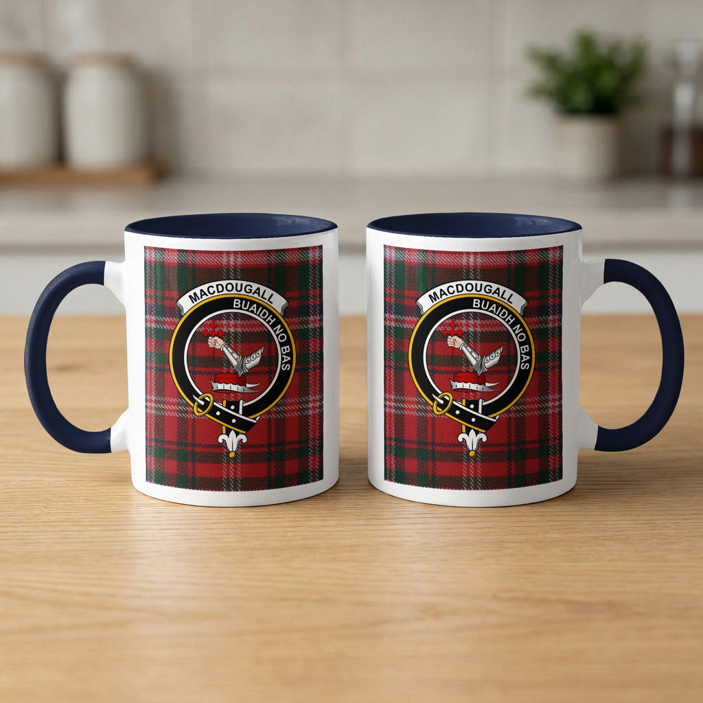Pair of MacDougall Scottish clan crest 11 oz mugs with navy accents and a tartan background