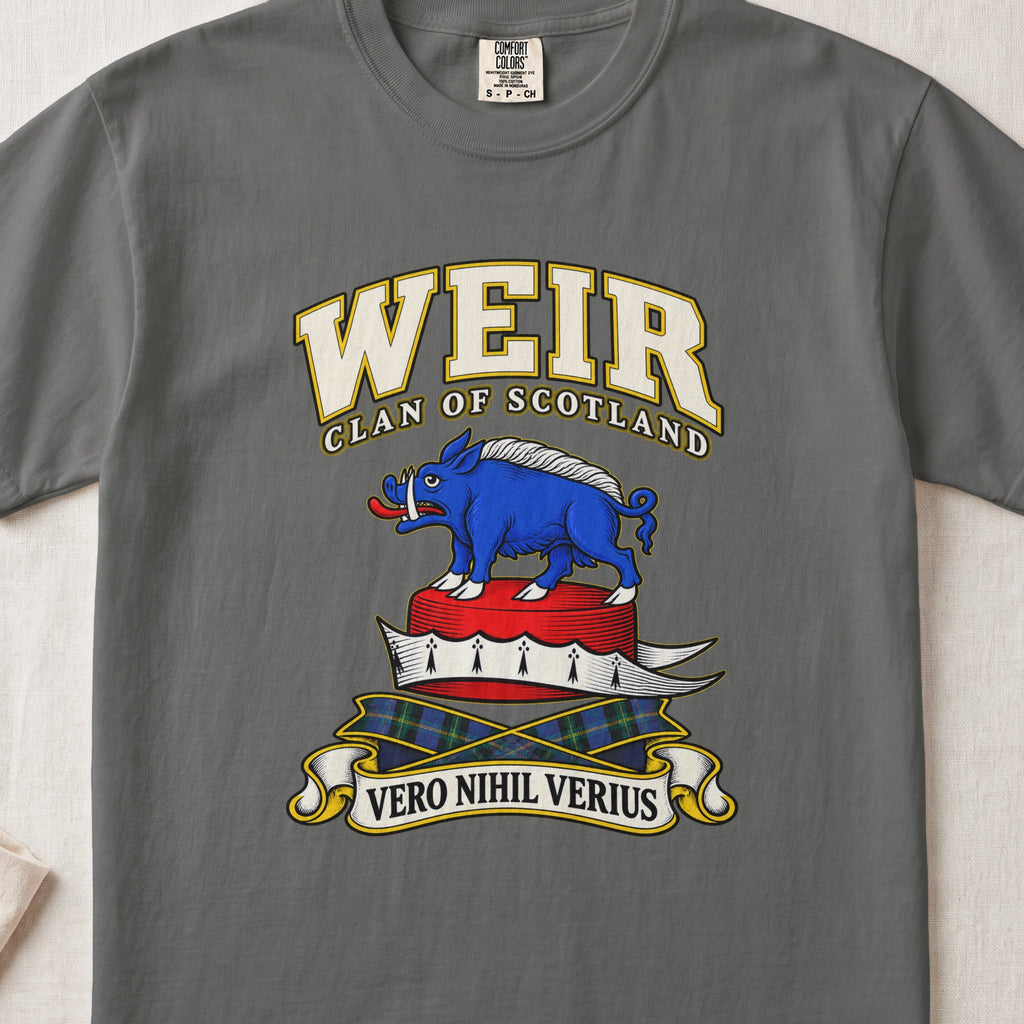 Weir Scottish clan T-shirt in Pepper, front view with a blue boar above a red-and-white cap and motto banner.