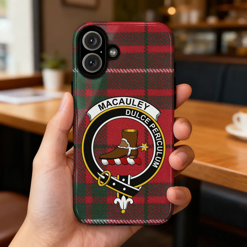 Clan MacAulay tartan crest phone case — full 3D wrap with Dulce Periculum motto, glossy finish