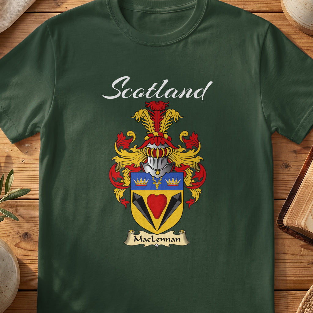 Forest Green MacLennan Scottish T-shirt featuring a red heart beneath a blue band with gold crowns