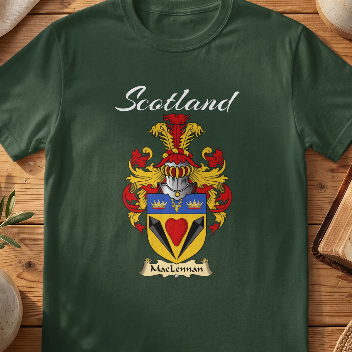 Forest Green MacLennan Scottish T-shirt featuring a red heart beneath a blue band with gold crowns