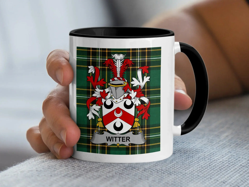 White mug with black rim, featuring the Witter family crest against a tartan background.