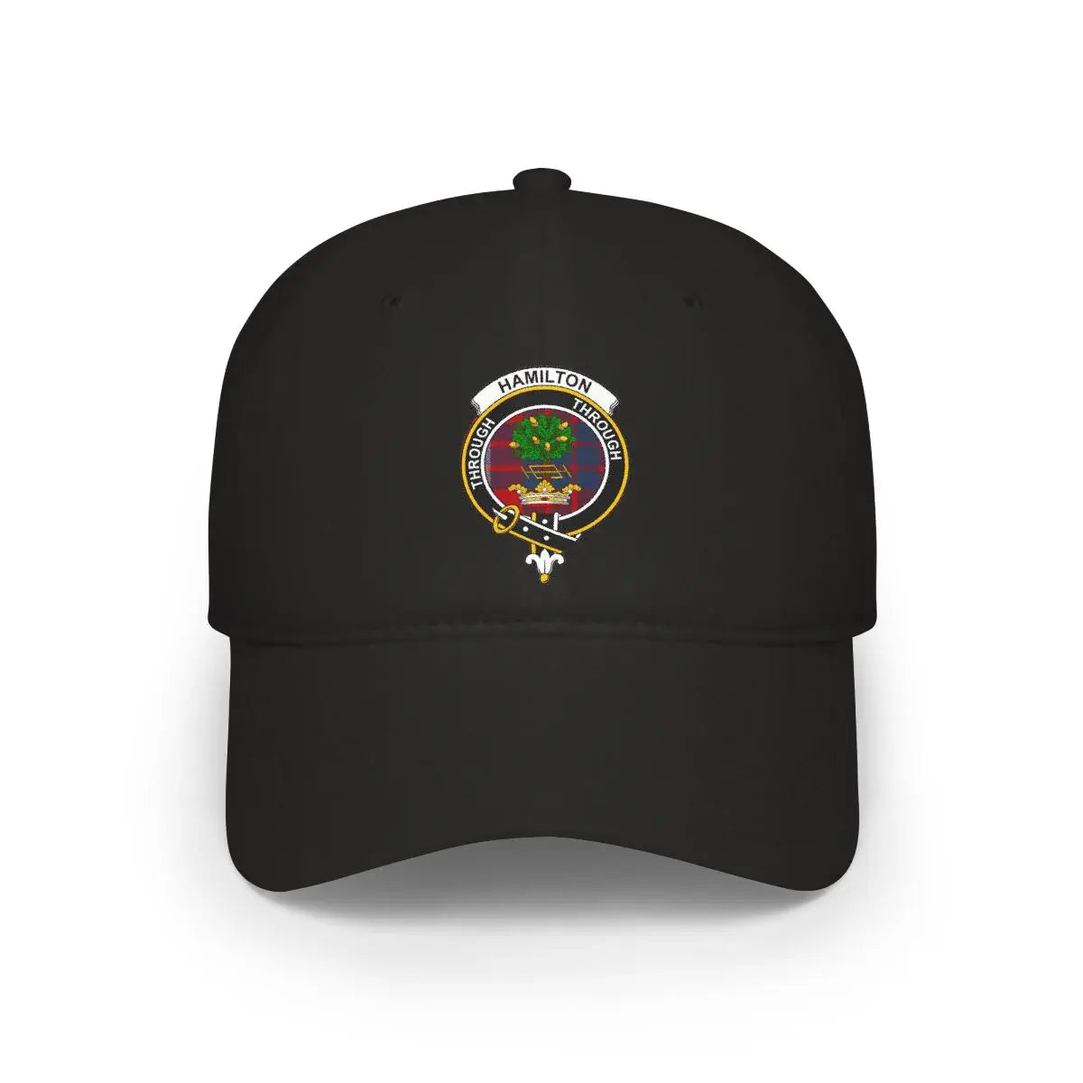 Hamilton clan crest tartan cap in black — 100% cotton with Through oak tree heraldic design