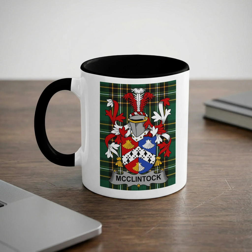McClintock Irish heritage mug with black handle and family crest