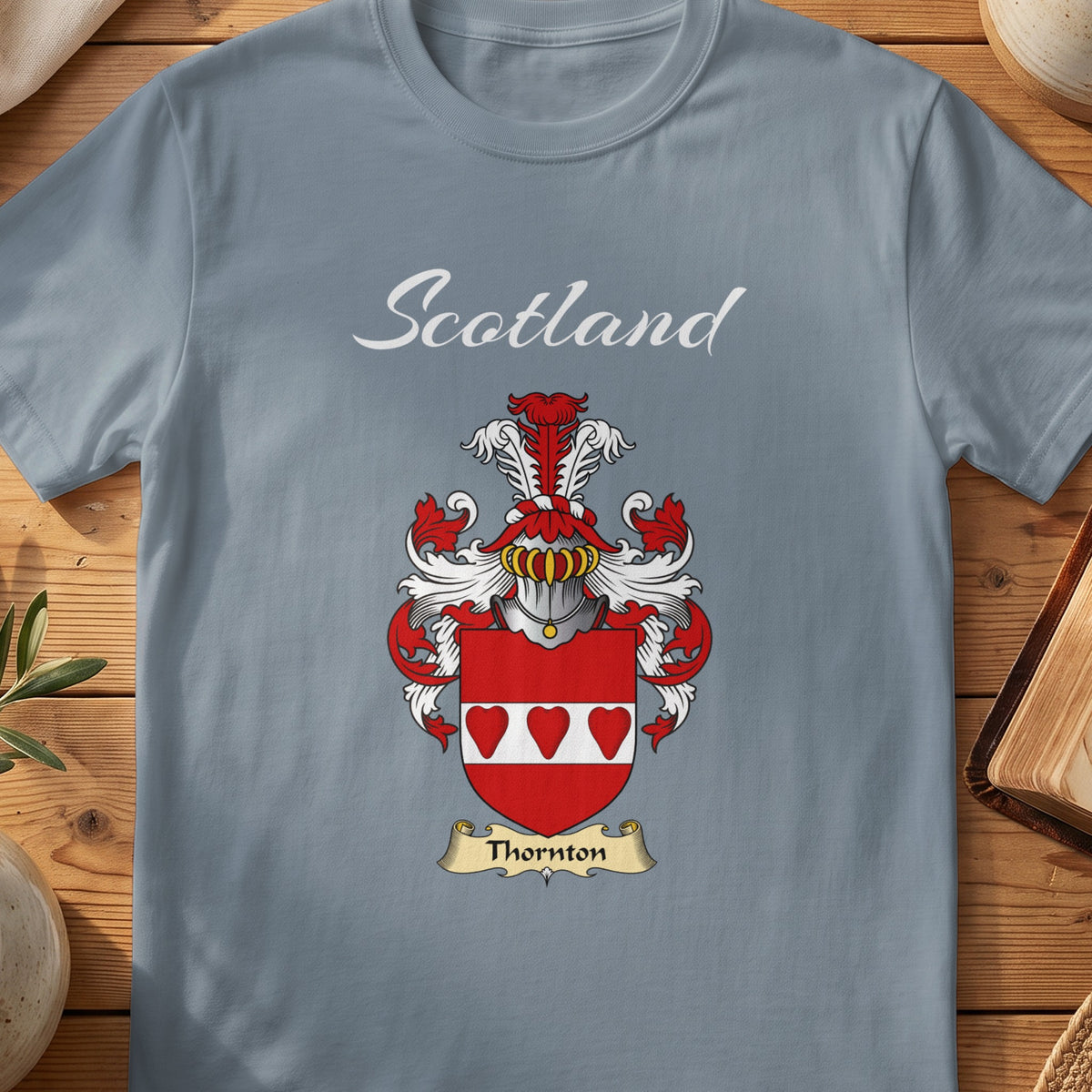 Thornton Scottish family shield T-shirt in Stone Blue