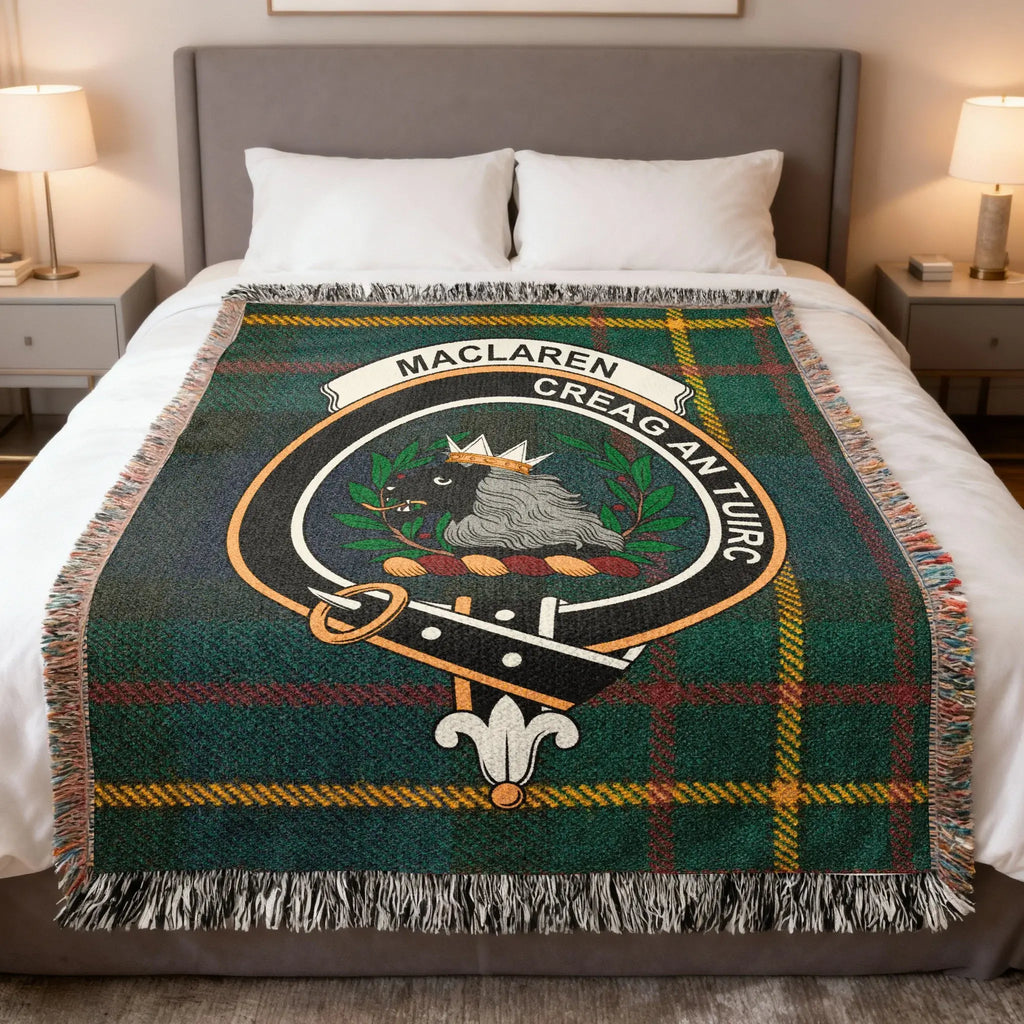MacLaren clan crest tartan woven cotton blanket — Creag An Tuirc with fringe edge