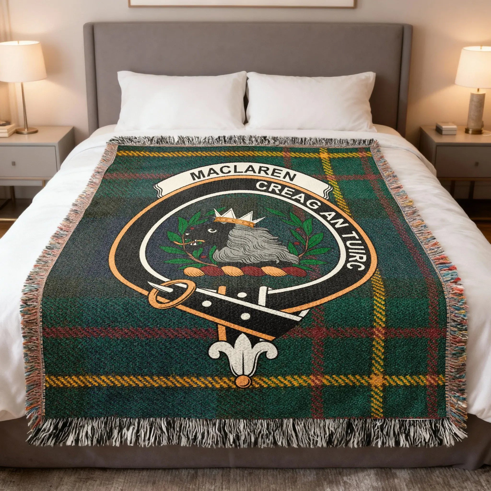 MacLaren clan crest tartan woven cotton blanket — Creag An Tuirc with fringe edge