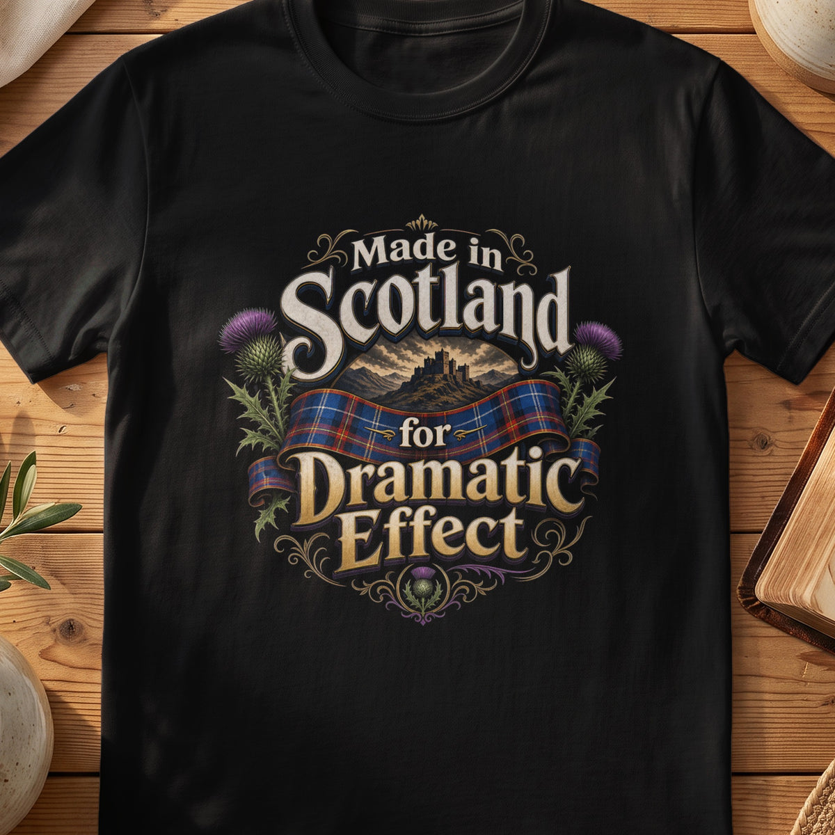 Black Gildan 64000 unisex T-shirt flatlay with Made in Scotland for Dramatic Effect Castle Scottish graphic design