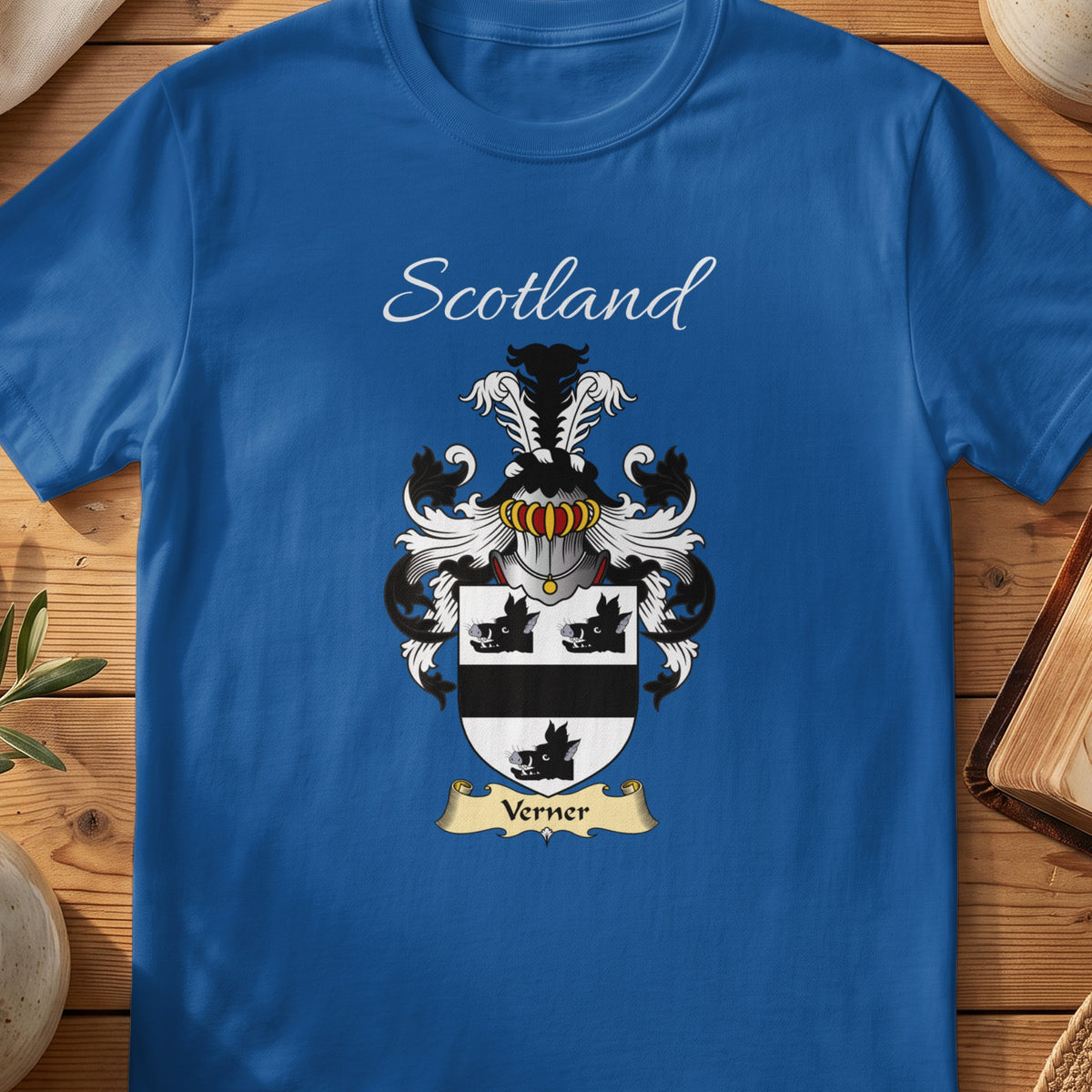 Royal blue Verner unisex heritage T-shirt with the family shield and surname design.