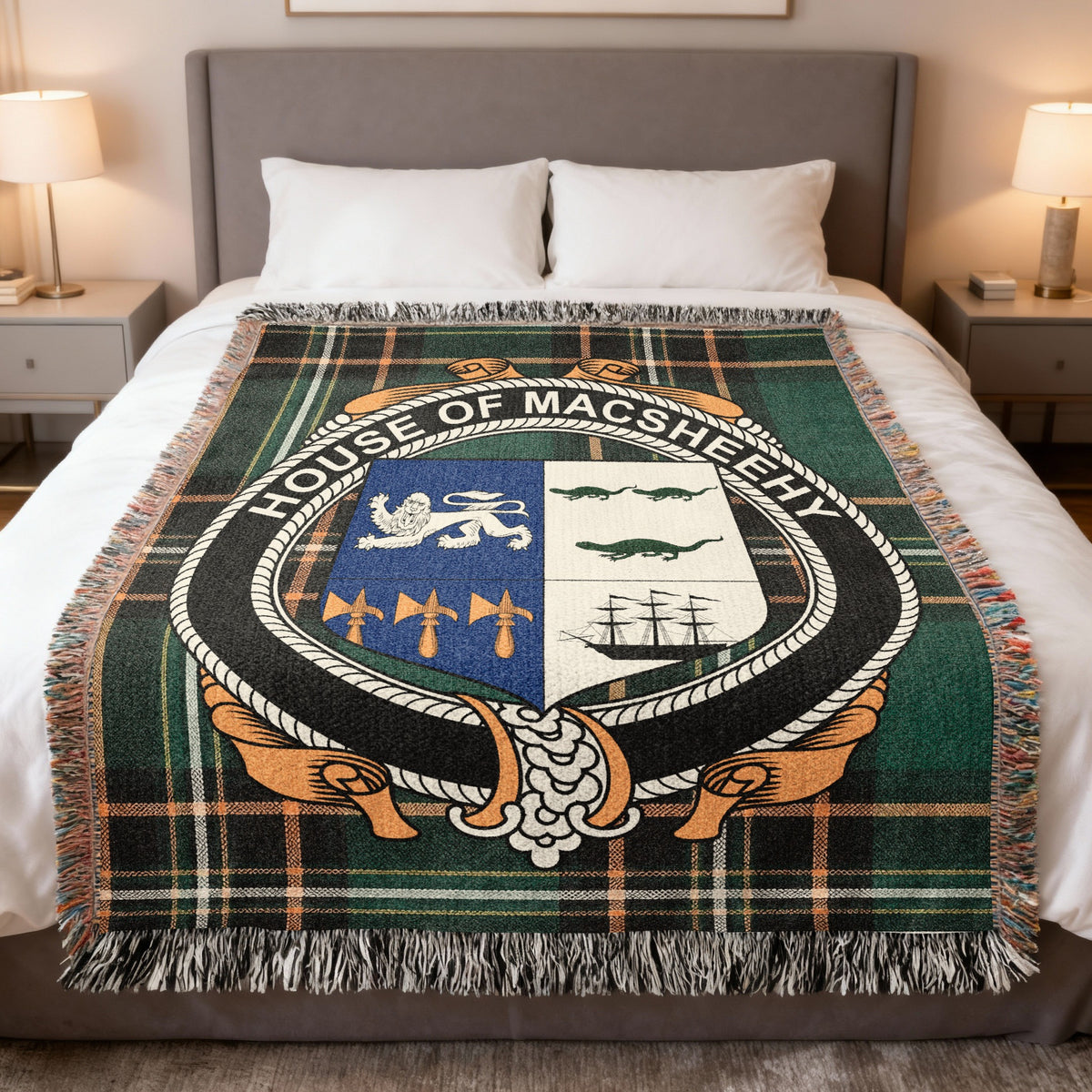 MacSheehy Irish National Tartan woven blanket with family crest emblem