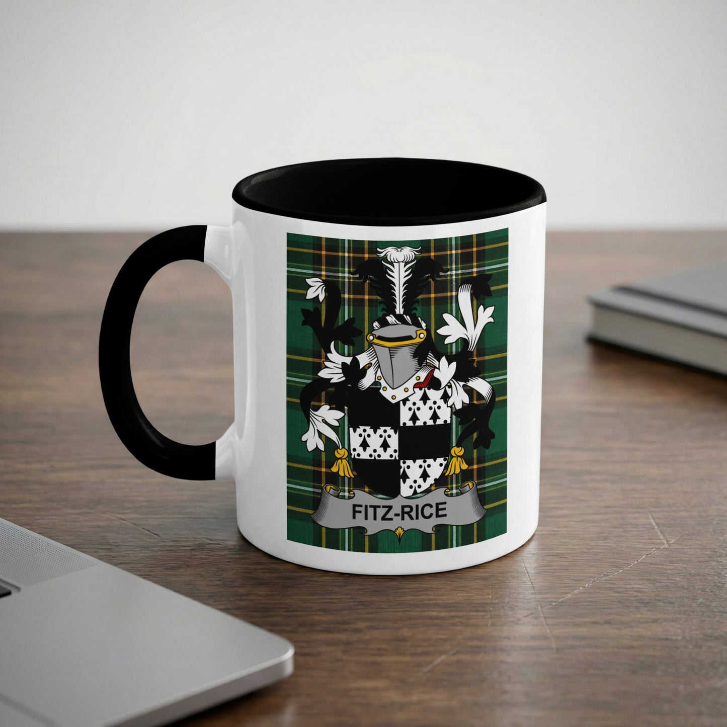 White mug with black handle featuring Fitz-Rice family crest.