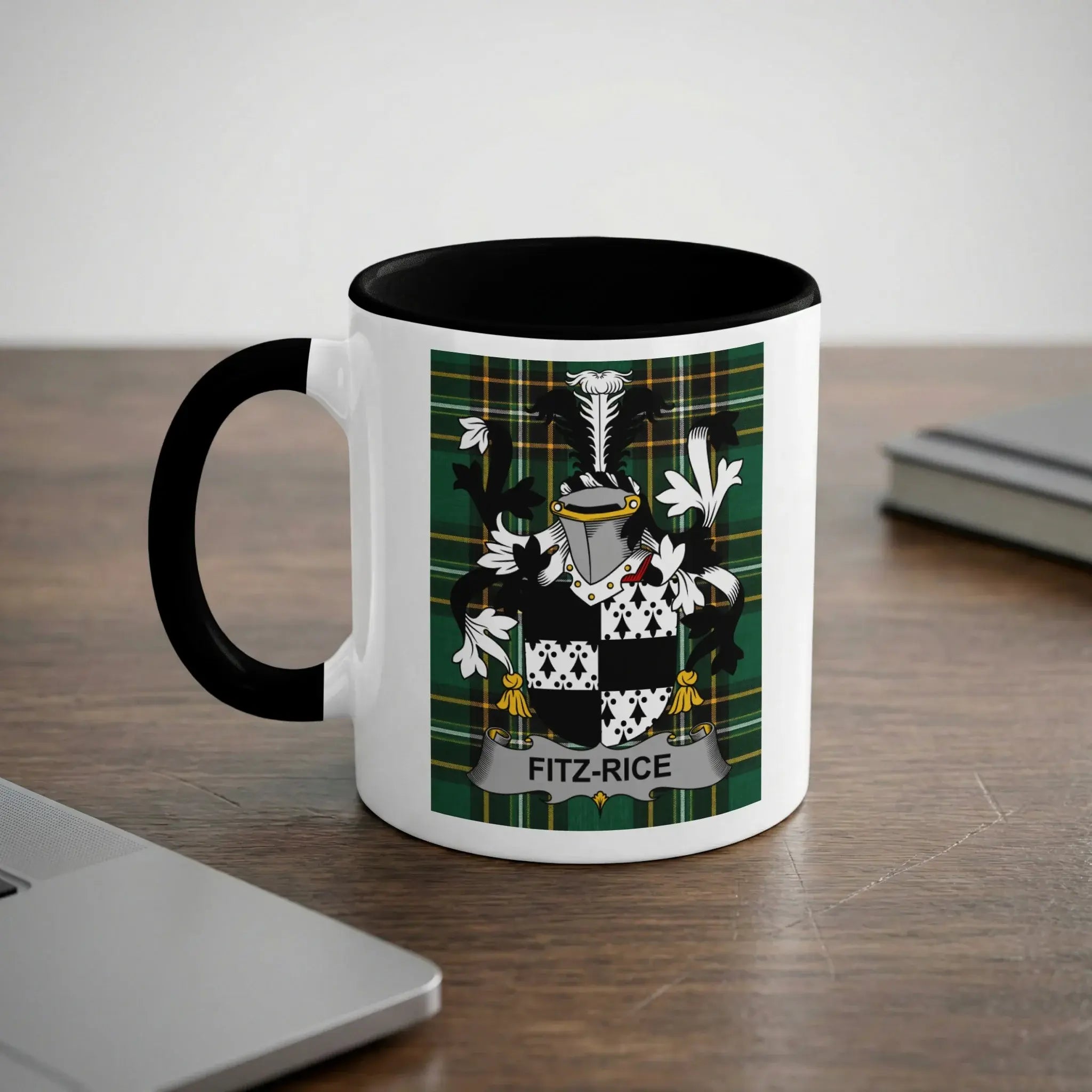 White mug with black handle featuring Fitz-Rice family crest.