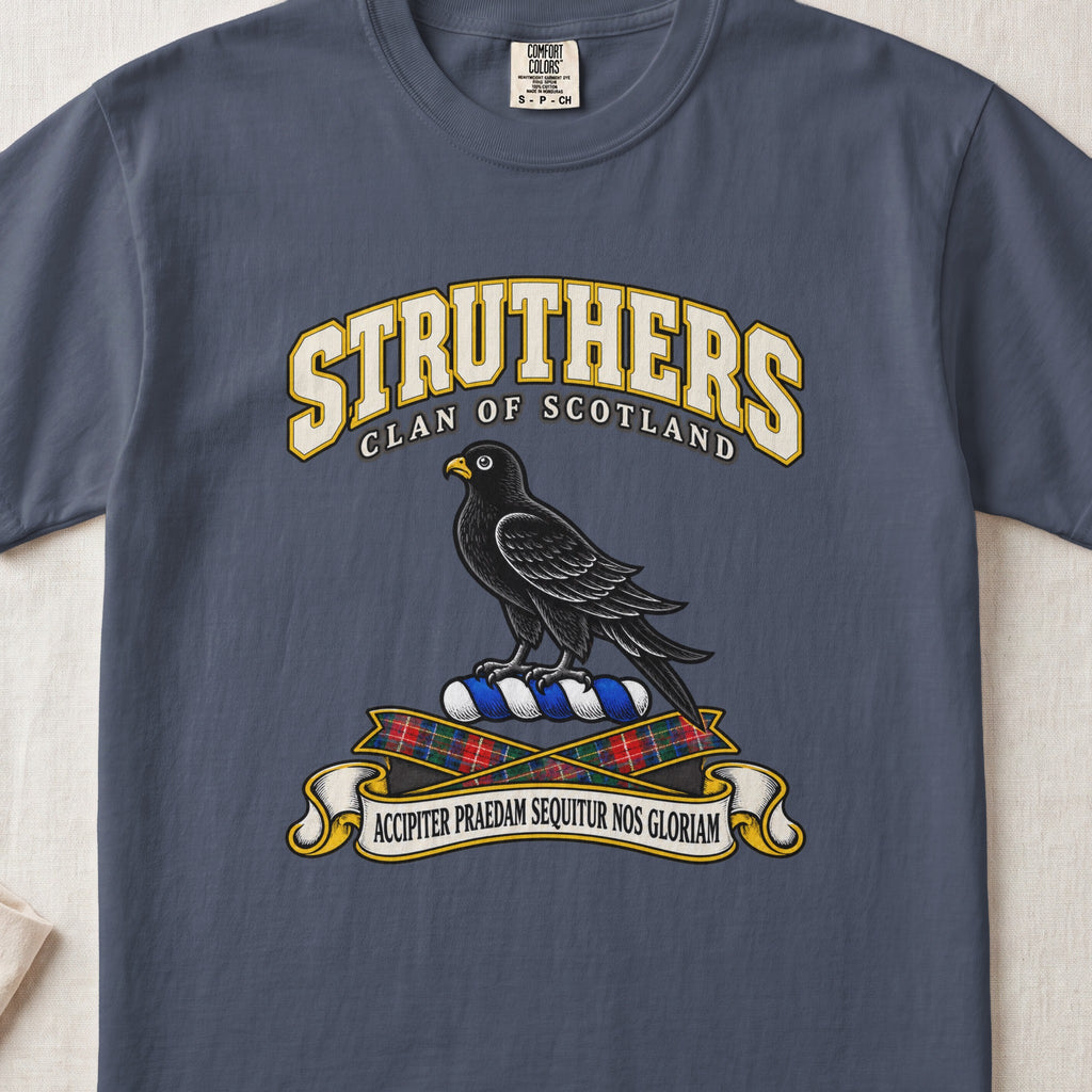 Struthers Scottish clan T-shirt in Midnight, front view with a black bird with a golden beak and motto design.