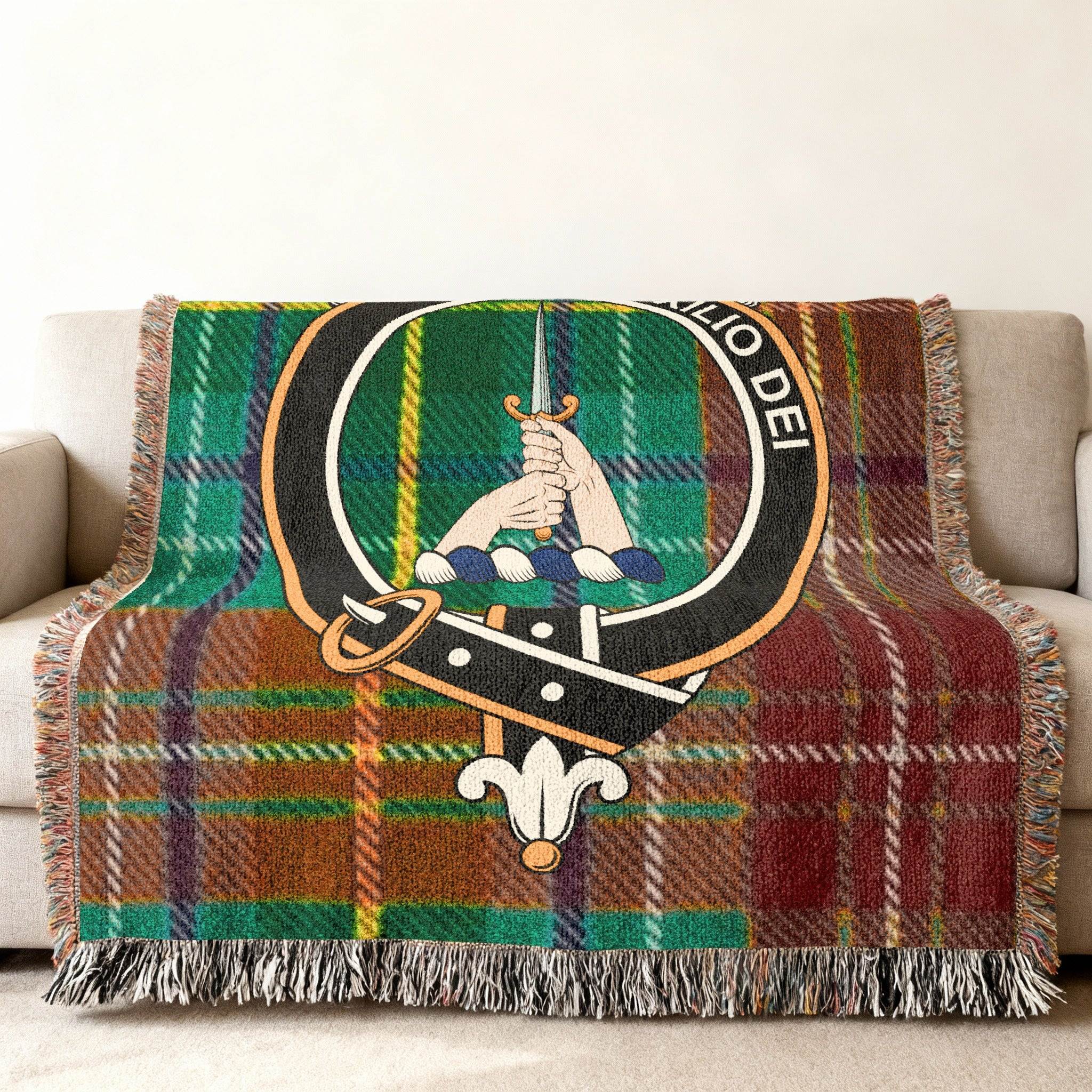 Muirhead Auxilio Dei clan crest tartan woven blanket draped — sword emblem on cotton throw