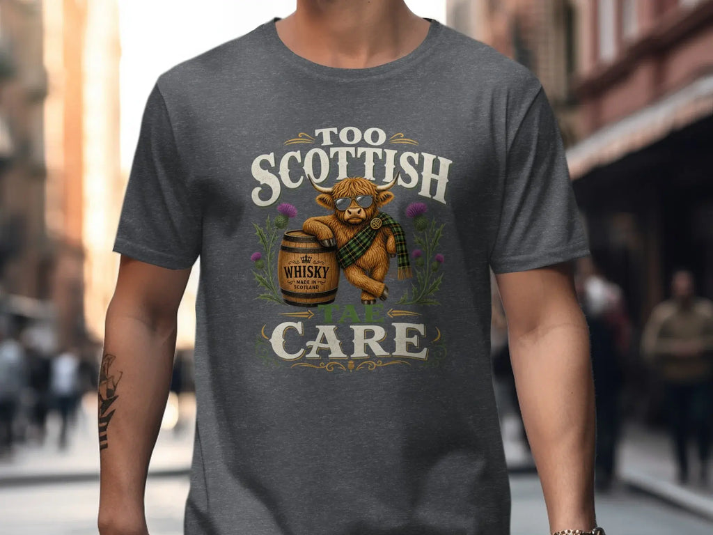 T-shirt with a cartoon Highland cow and text: "Too Scottish to care"