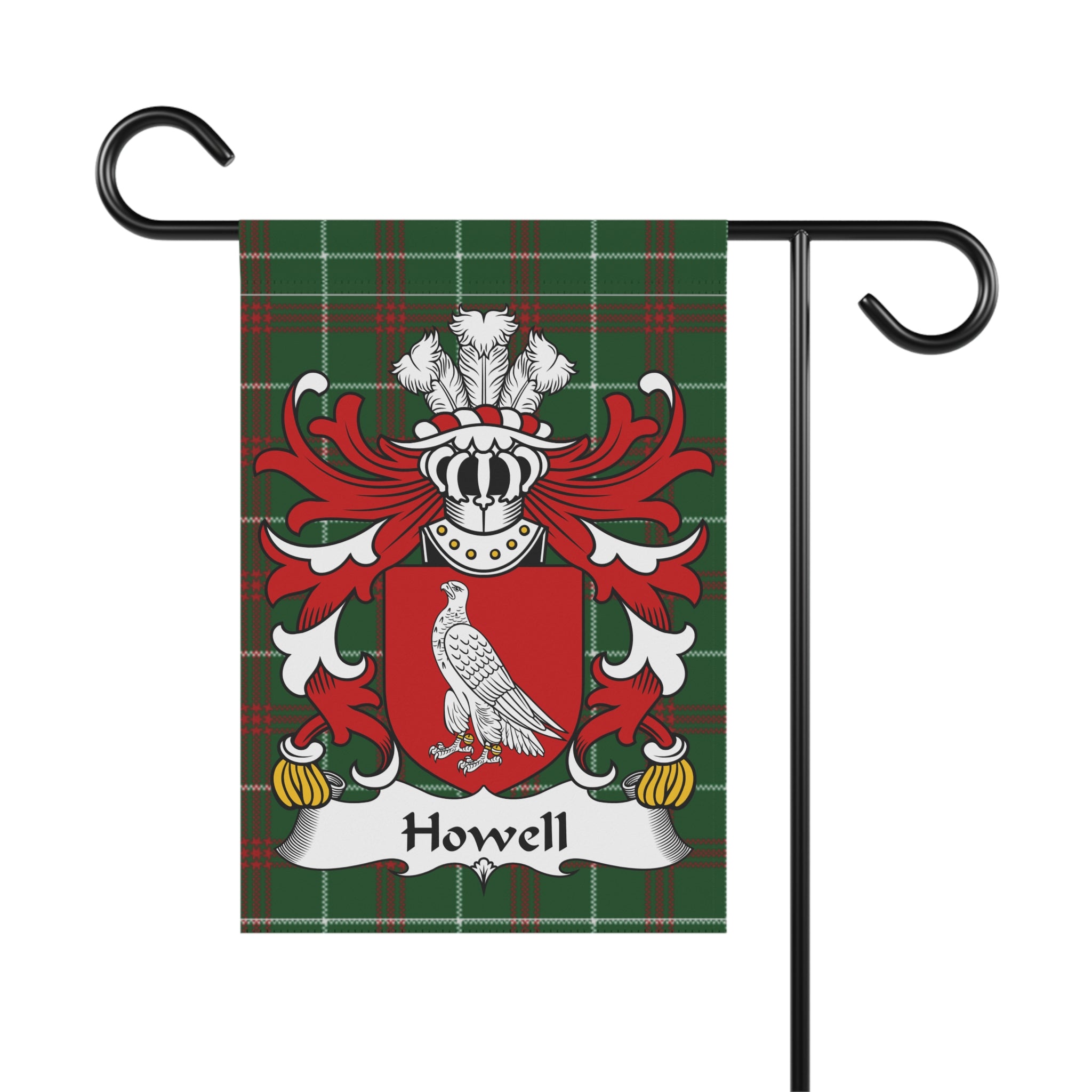 Howell family crest on a green plaid garden flag.