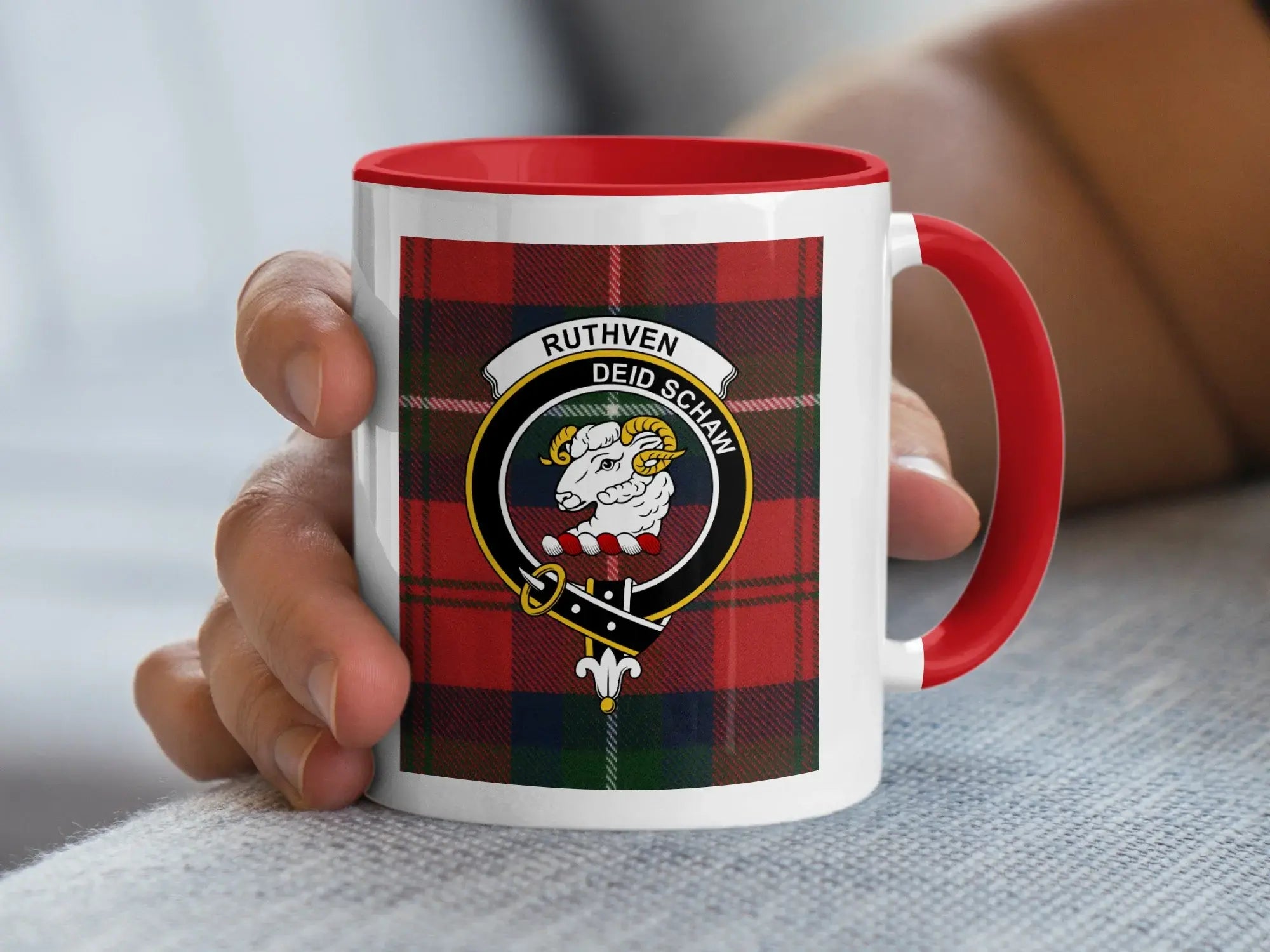 Ruthven deid schaw tartan mug — red handle, crest design for daily use
