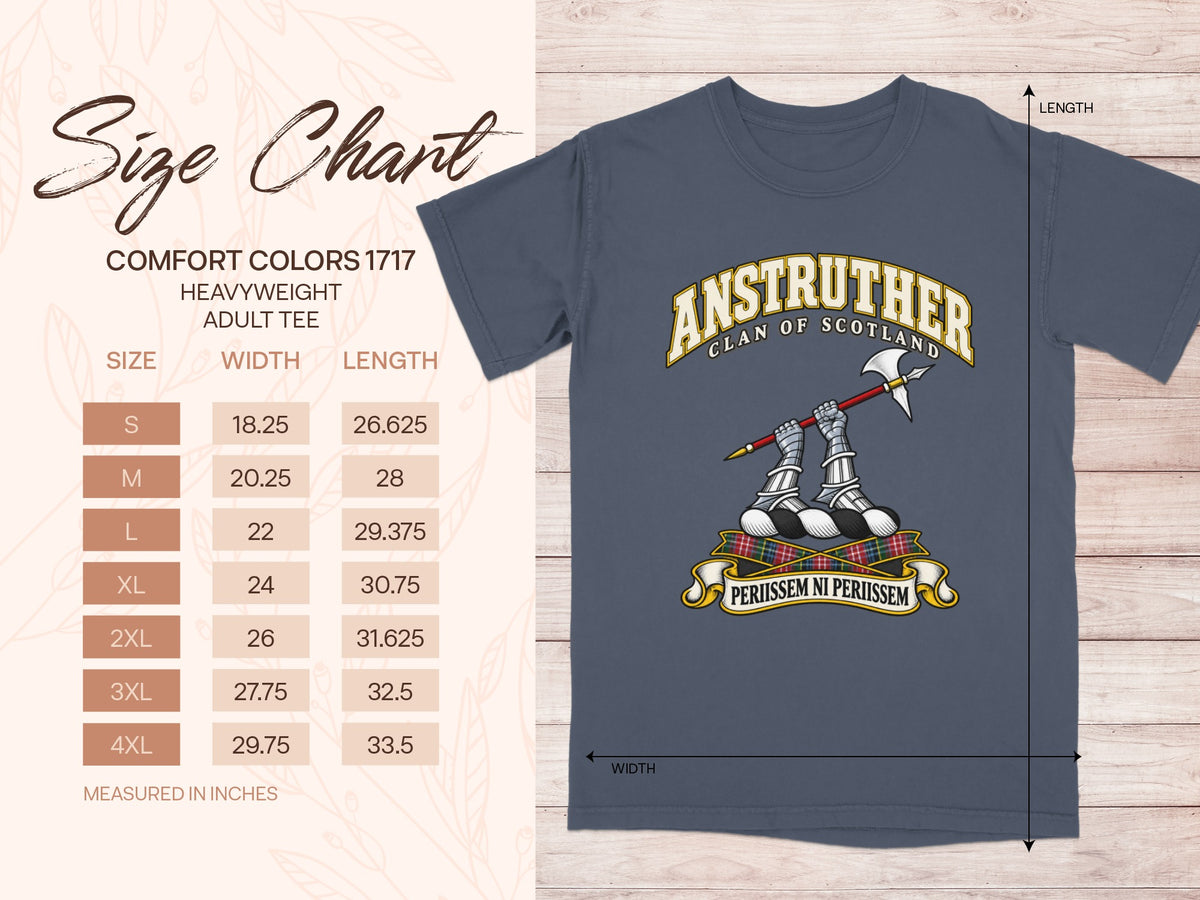 Comfort Colors 1717 size chart for the Anstruther Scottish clan T-shirt, adult sizes S–4XL.