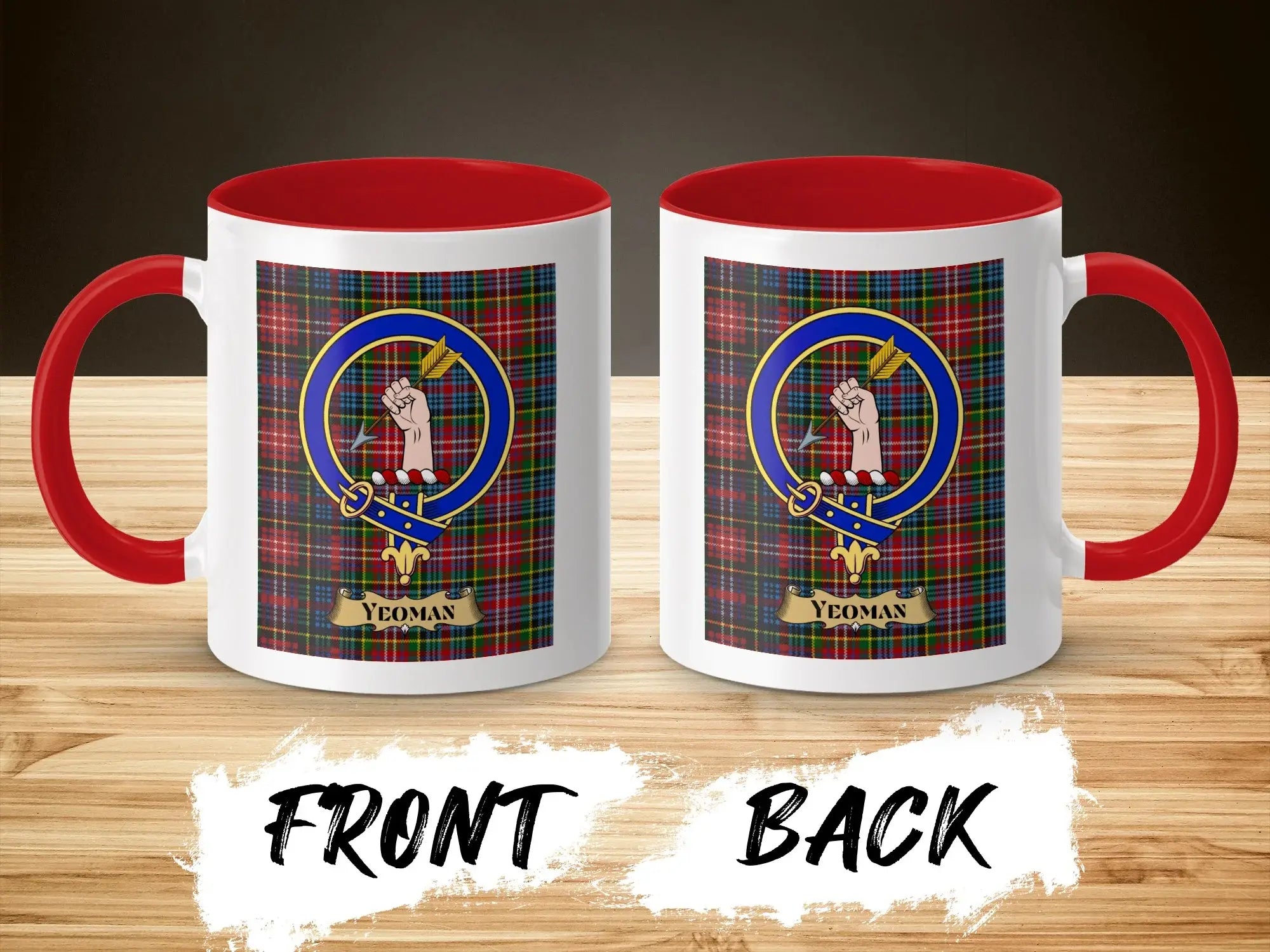 Yeoman tartan-background crest mug shown as a Scottish heritage gift