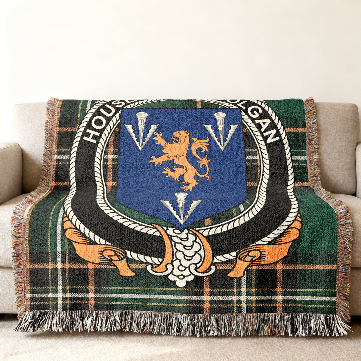 MacColgan Irish National Tartan woven blanket displayed on a sofa