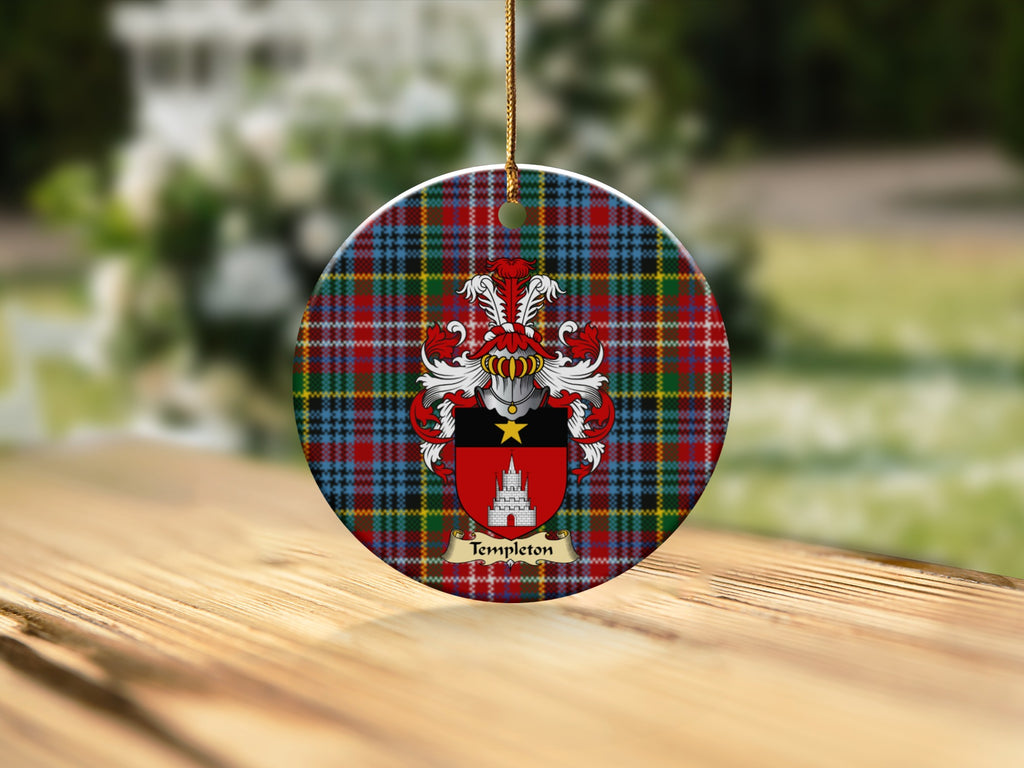 Round Templeton Scottish clan ornament with family crest on a Caledonia tartan background