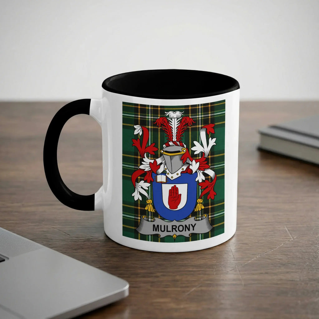 Mulrony Irish heritage mug with black handle and family crest