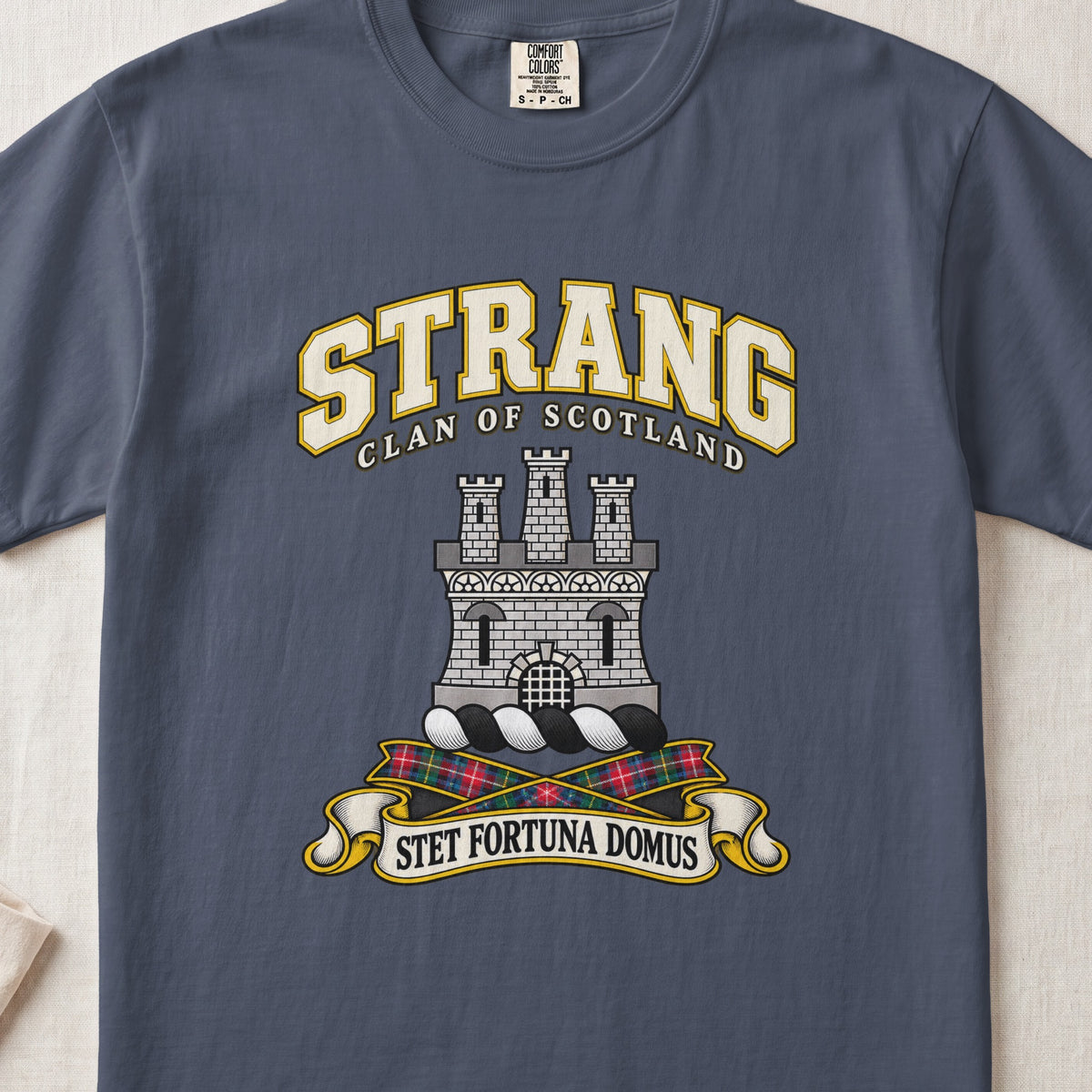 Strang Scottish clan T-shirt in Midnight, front view with a silver three-towered castle and motto design.