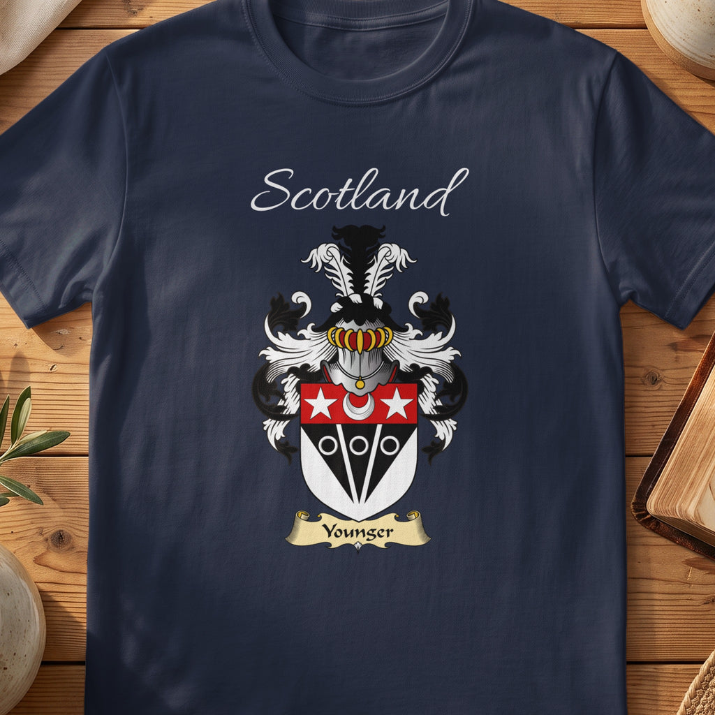 Navy Younger heritage T-shirt laid flat with “Scotland” and the colourful family shield design.