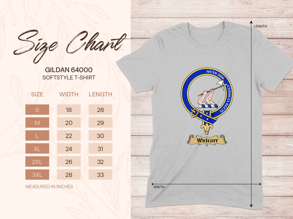 Gildan 64000 size chart for Wright Scottish clan crest T-shirt