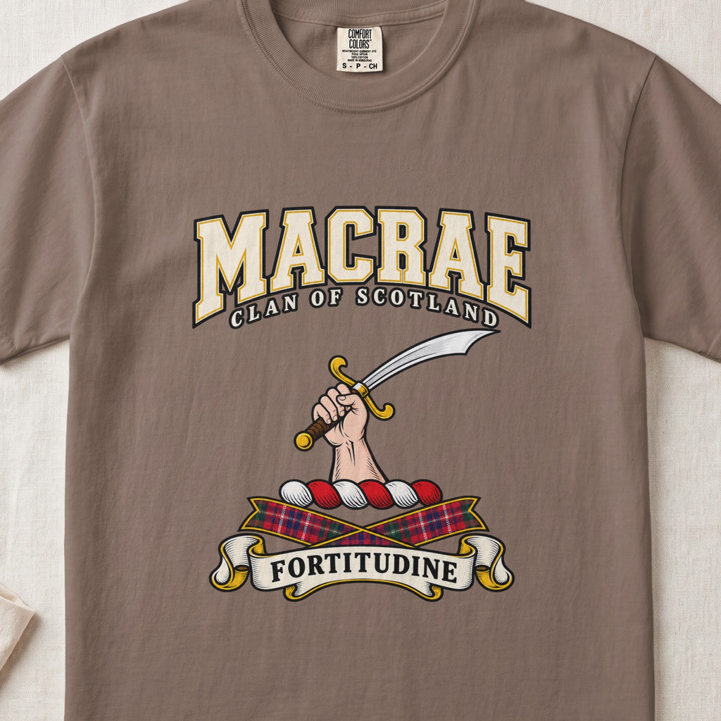 MacRae graphic T-shirt in Espresso brown, front flat lay showing varsity lettering and hand and forearm holding a curved silver sword with a gold hilt.