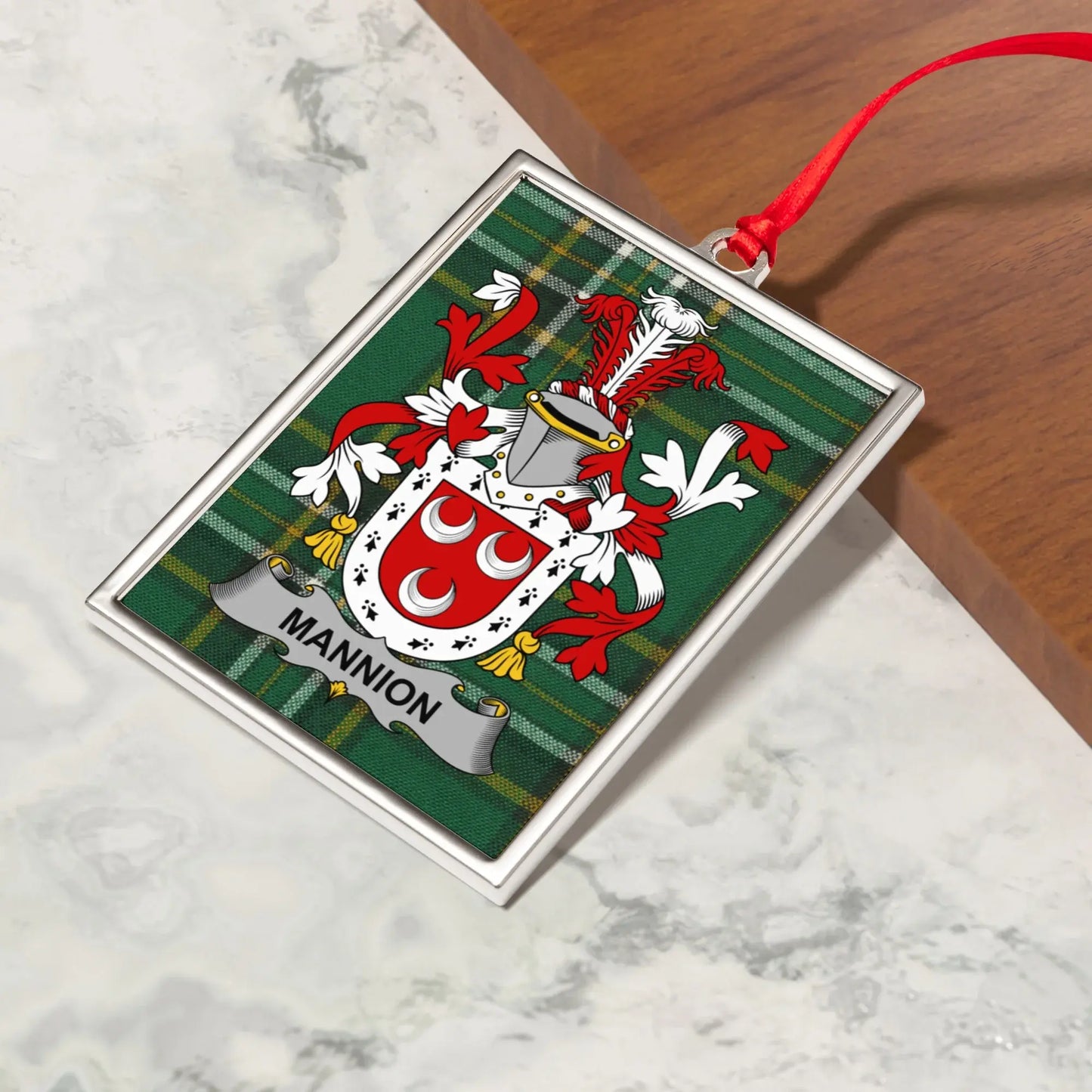 Mannion Family Name Crest Plaid Ornament product