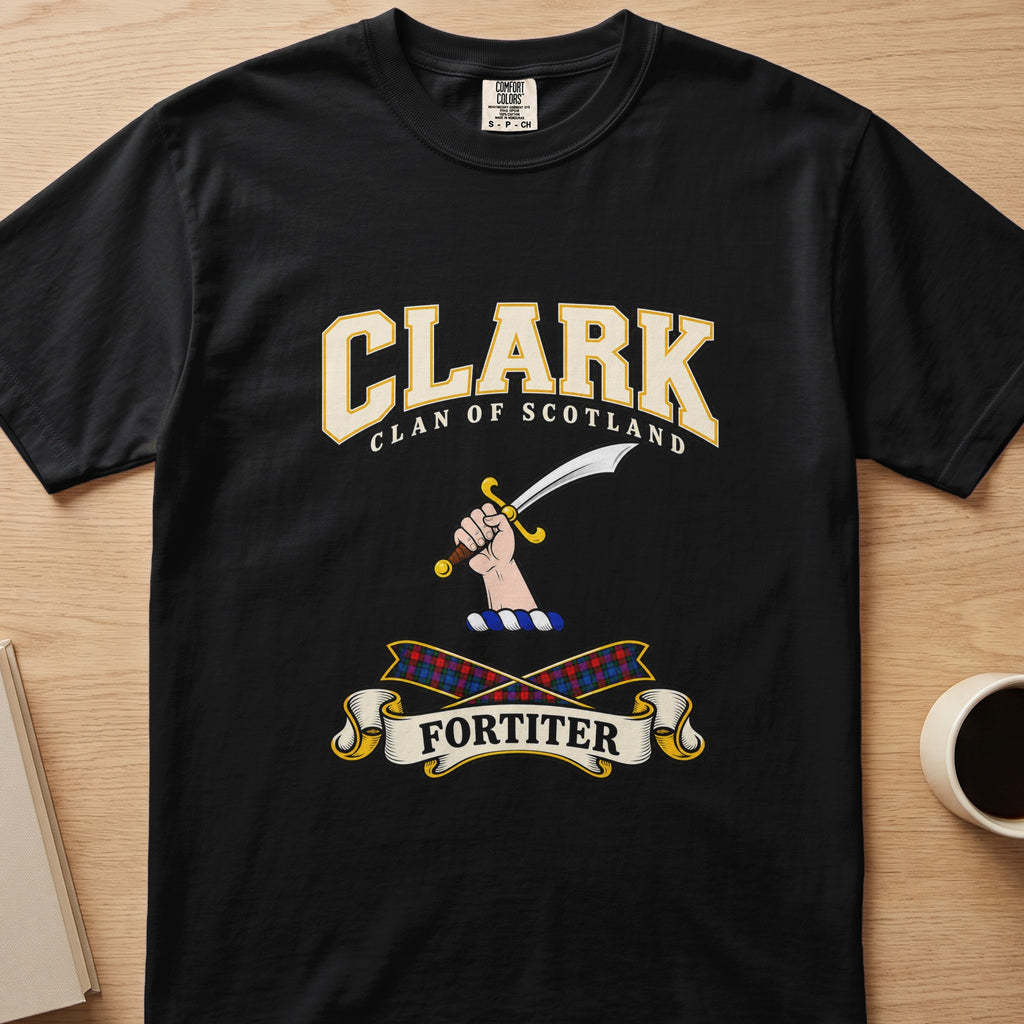 Clark clan T-shirt in black, front view with hand holding a curved sword