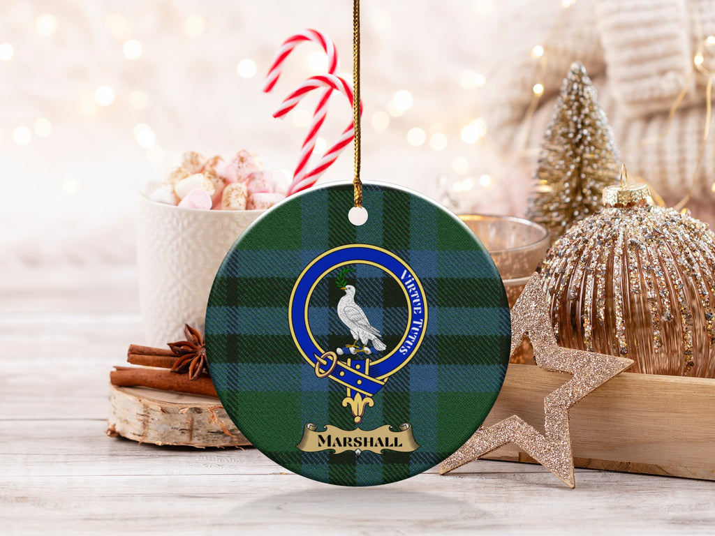 Marshall clan tartan ornament with crest beside candy canes — holiday scene