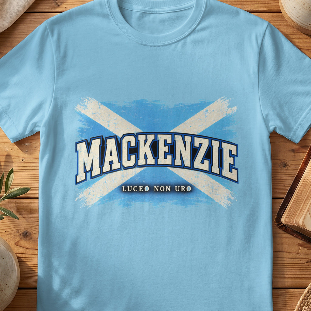 MacKenzie Scottish Saltire T-shirt in Sky, with distressed blue and cream flag and “Luceo Non Uro” lettering.