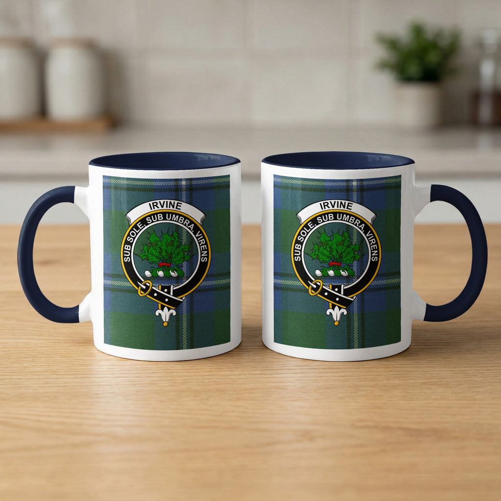 Pair of Irvine Scottish clan crest 11 oz mugs with navy accents and a tartan background
