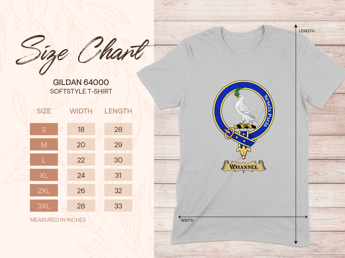 Gildan 64000 size chart for Whannel Scottish clan crest T-shirt
