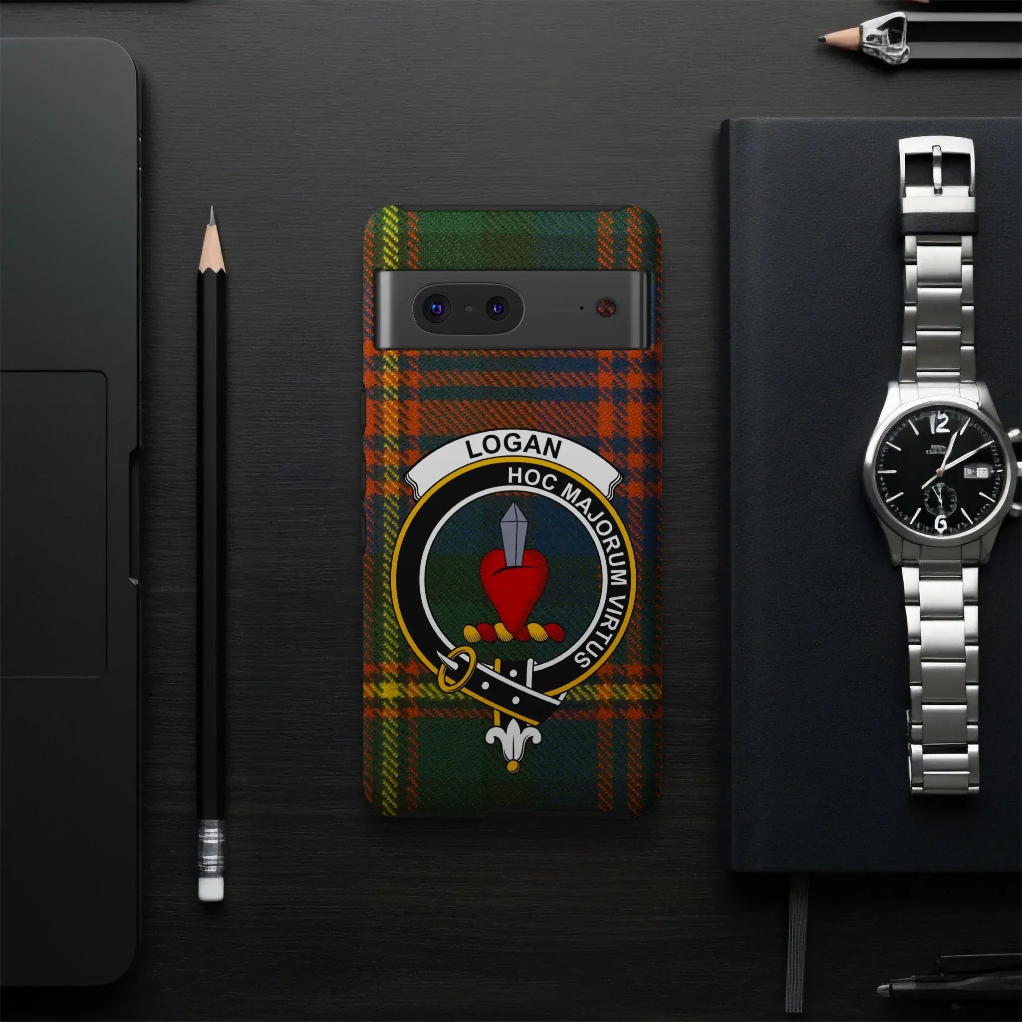 Logan clan tartan phone case cover with family crest — full Valour of My Ancestors design visible