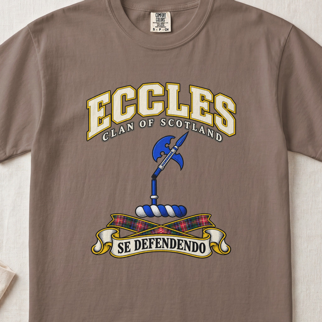 Eccles Scottish clan T-shirt in Espresso, front view with a blue halberd and motto design.